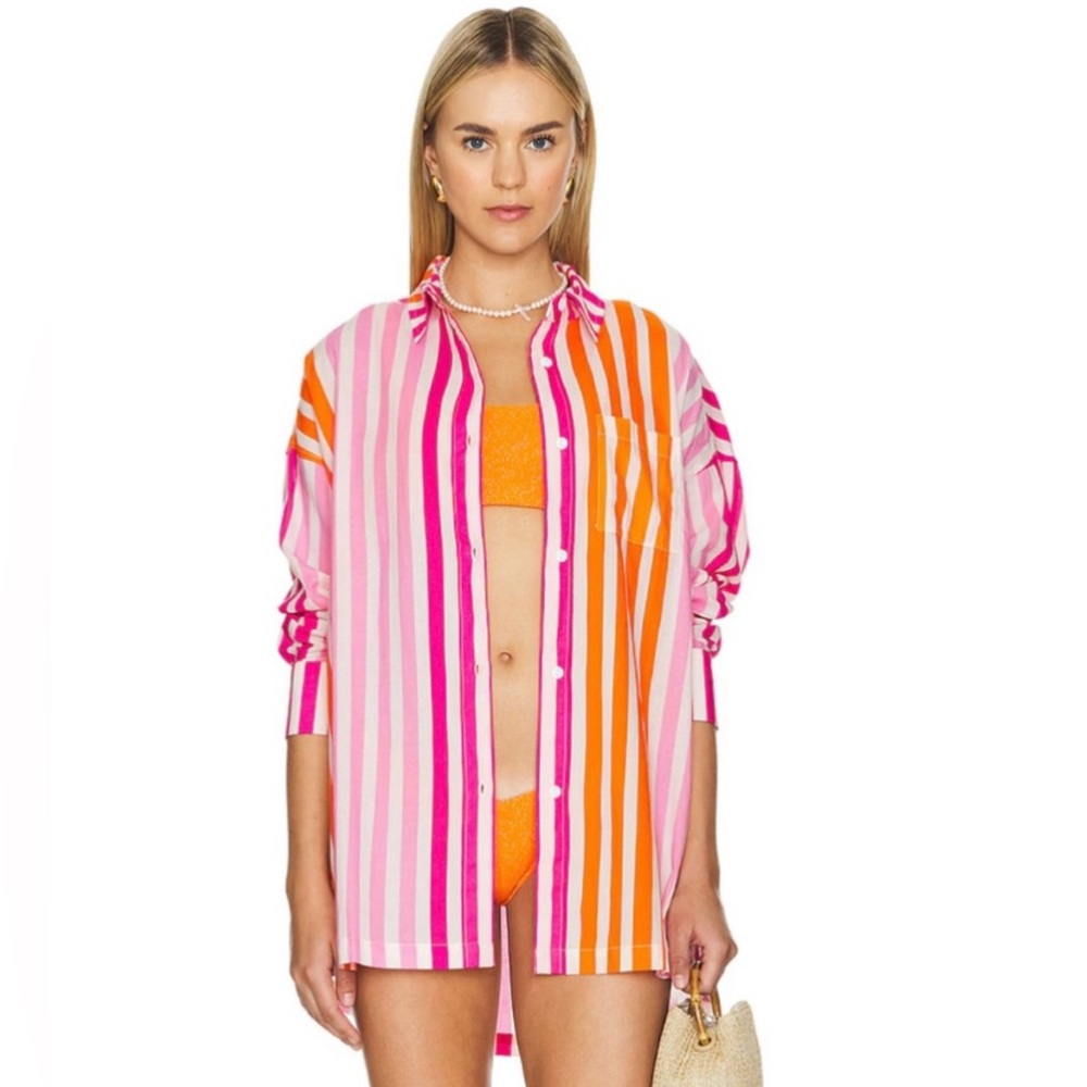 47. Beach Riot L/XLG Ling Sleeve Shirt Cover Up pink and orange NWT